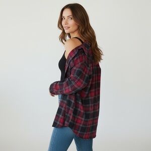 Keren Hart Plaid Button Down Shirt Side Button Panels Red XL